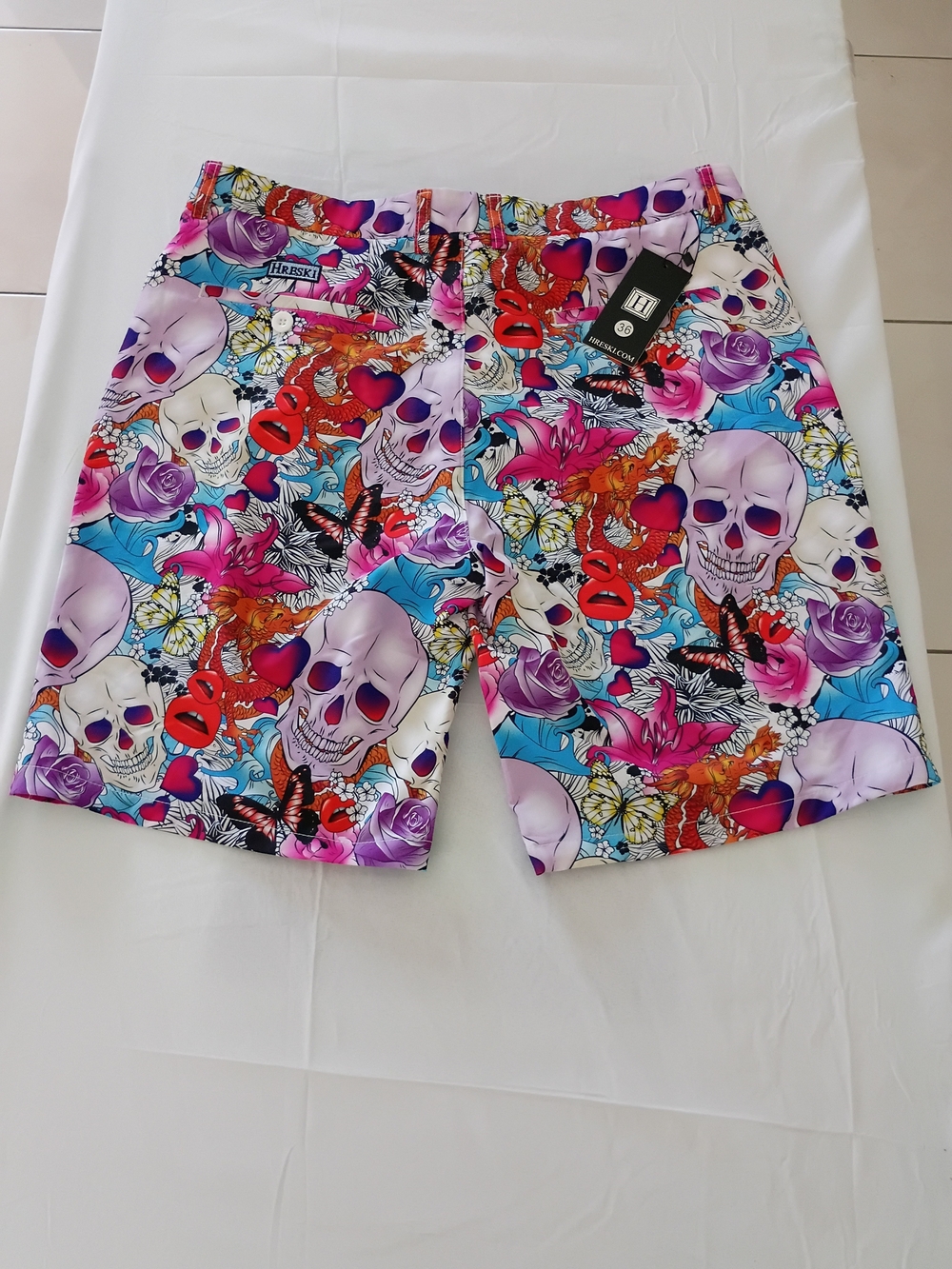 Hreski Men's Golf Shorts Size 36 Skull Rose Tattoo Print Stretch Performance New
